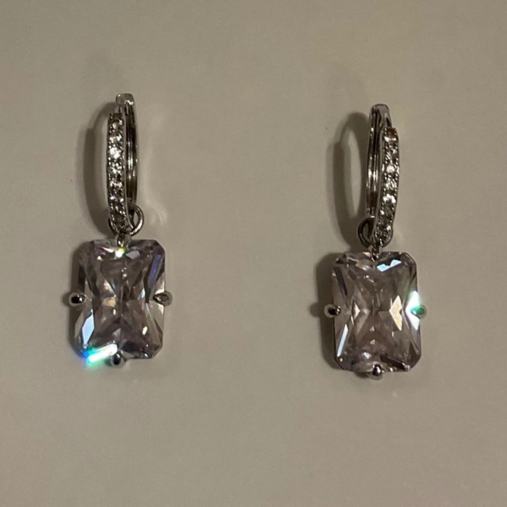 Simulated Diamond Square Dangle Drop Earrings Mel… - image 1